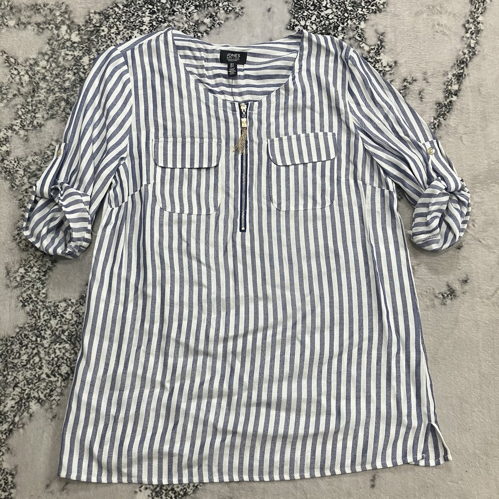 Anne Klein Blouse NWT‎ Small Blue White Stripe Zip Front Roll Tab Sleeve